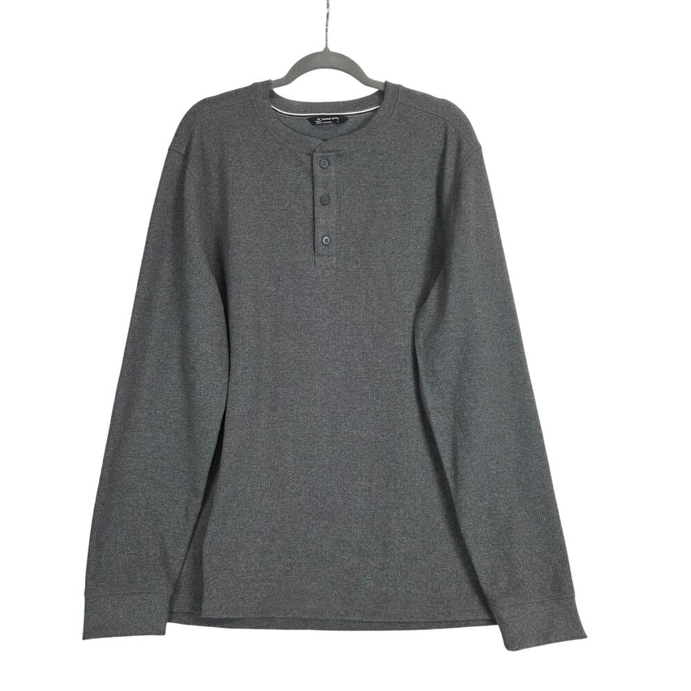 Men's Waffle Knit Thermal Henley XL Gray 3 Button Casual Cozy Warm Pullover